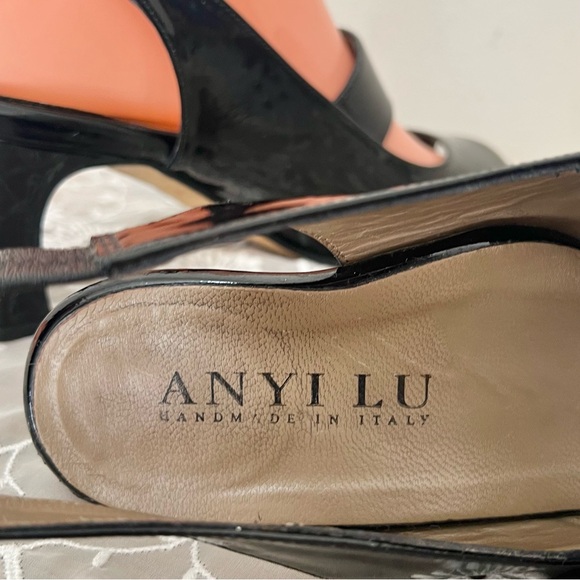 Anyi Lu Black Patent Leather Tulip Slingback Heels Career Corpcore Chic - Picture 10 of 11